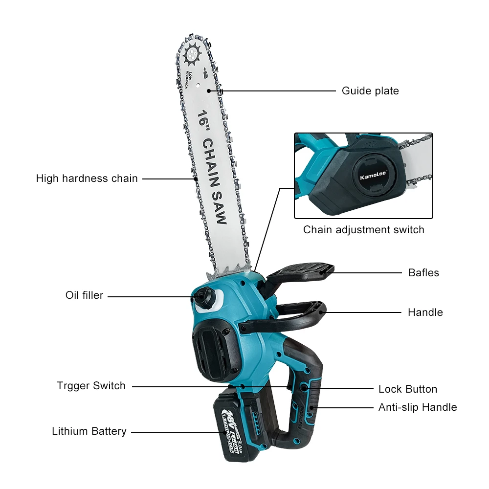 Kamolee 16 بوصة 8000 واط منشار - مراجعة Electric Chainsaw Battery وسعره